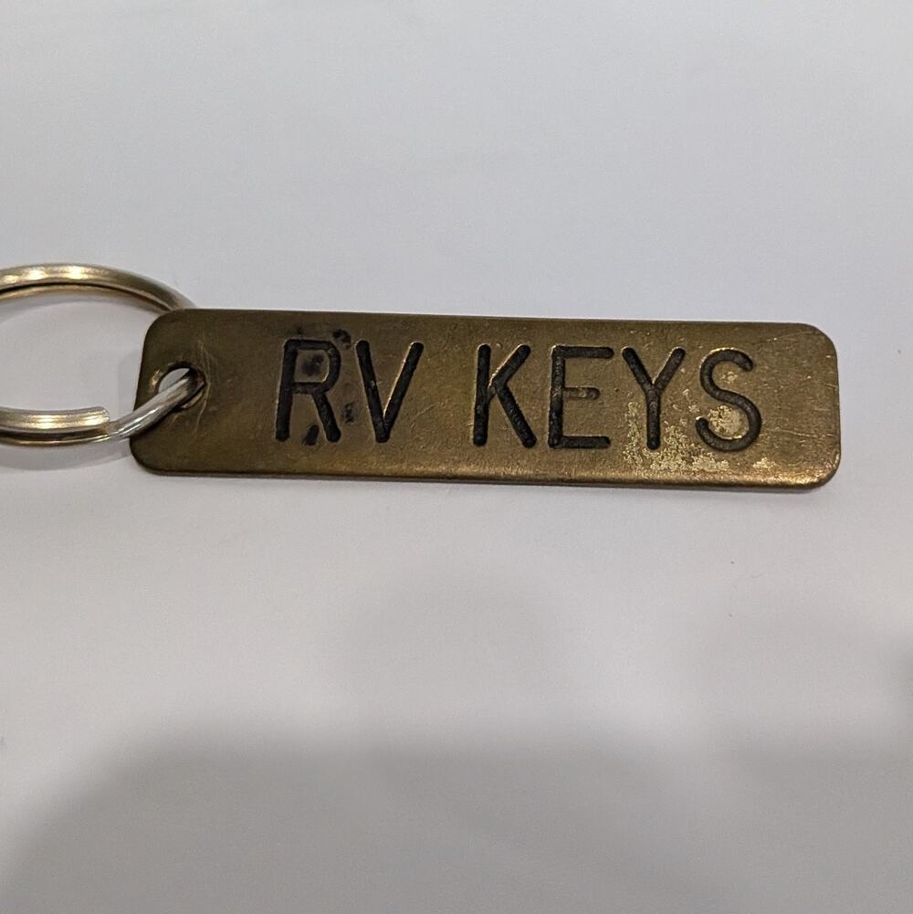 Vintage Brass RV Keys Keychain Stamped Metal Camper Motorhome Fob Tag